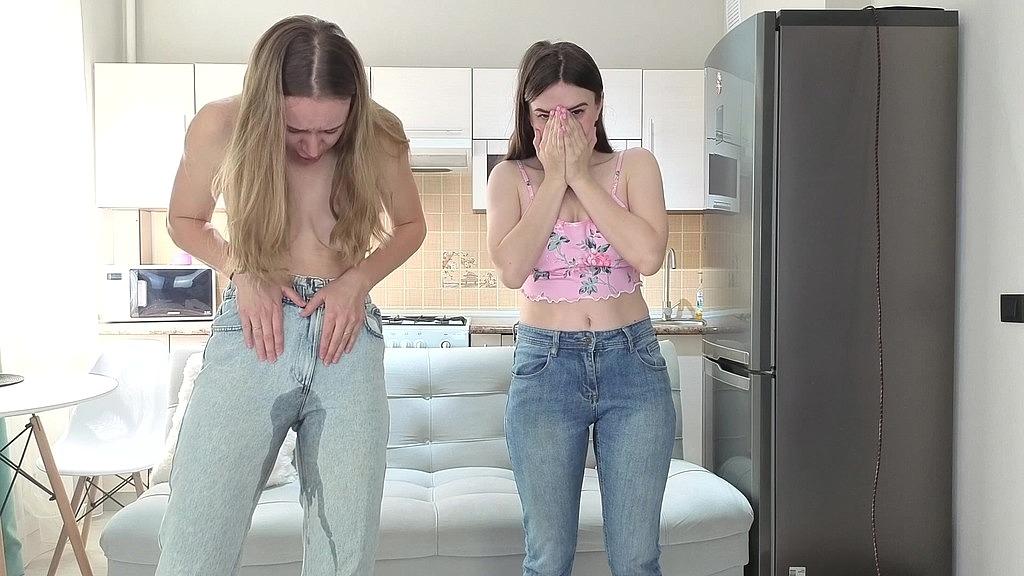 Blonde & Brunette: Desperate Squirting Contest in Jeans