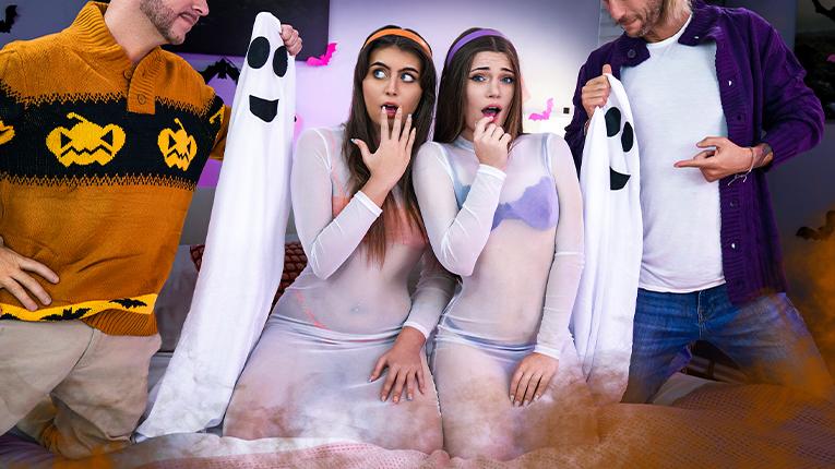 Selina Bentz and Juniper Ren: Stepdads Save Virgin Halloween Night (4K) - Blowjob, Doggystyle, Reverse Cowgirl